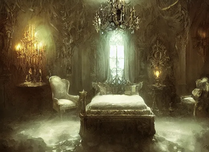 Prompt: gothic mansion room, ornate, elegant, artwork, paint, illuminated, detailed, by bastien lecouffe deharme, by jeremy mann, by alexander fedosav