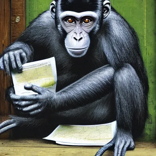 Image similar to a monkey doing his taxes art by banksy, 8 k, high definition, extremely detailed, photo - realistic