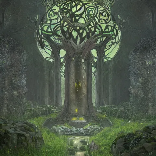 Image similar to ancient overgrown! ruins, medieval gates, runestones, mysetrious etherial mesmerizing runic!! cat eyes, magical elven geometry, concept art by gustav klimt!, deviantart contest winner, environmental art, high detail