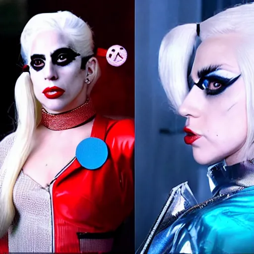 Prompt: Lady gaga as real-life Harley Quinn, cinematic, Wide-shot, atmospheric lighting, extreme detail, 8K, movie still