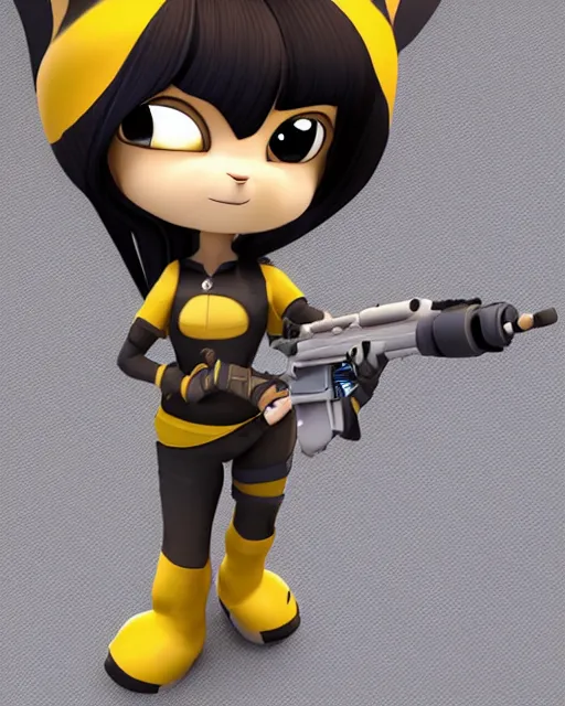 Prompt: female bumblebee mini cute style, highly detailed, rendered, ray - tracing, cgi animated, 3 d demo reel avatar, style of maple story and zootopia, maple story gun bumblebee girl, bee chibi, soft shade, soft lighting