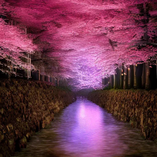 Prompt: photorealistic beautiful cherry blossom forest with paper lanterns illuminating the stone pathway. hyperdetailed photorealism, 1 0 8 megapixels, river, amazing depth, glowing rich colors, powerful imagery, psychedelic overtones, 3 d finalrender, 3 d shading, cinematic lighting, artstation concept art