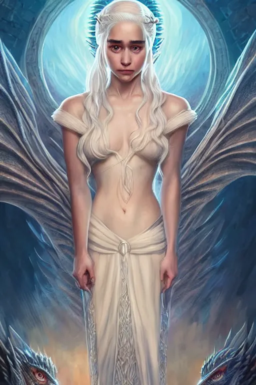 Image similar to beautiful, ethereal daenerys targaryen ( khaleesi ) portrait, intricate art deco dragon designs, elegant, highly detailed burning background, sharp focus, game of thrones art by artgerm and beeple and greg rutkowski and wlop