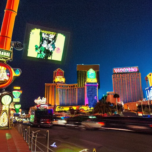 Image similar to a photo of aliens inhabiting the city of Las Vegas, Las Vegas strip, shallow depth of focus