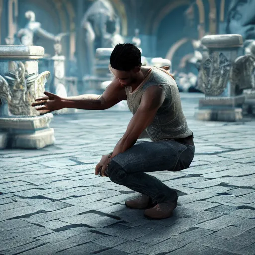 Image similar to A man kneeling before gods asking for his wishes to be fulfilled, ultra photo realistic, unreal engine, 8K UHD