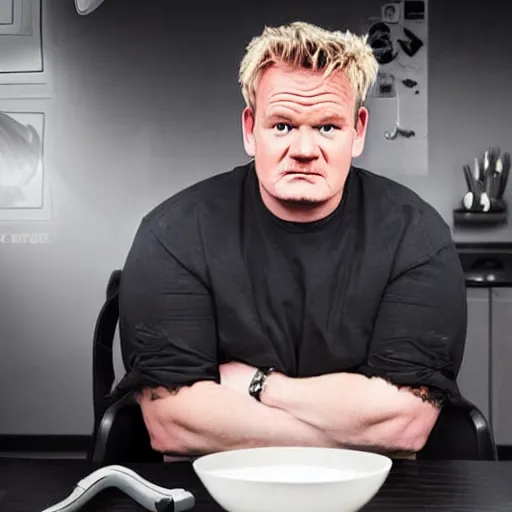 Image similar to obese Gordon Ramsey wearing a headset yelling at his monitor while playing WoW highly detailed wide angle lens 10:9 aspect ration award winning photography by David Lynch esoteric erasure head