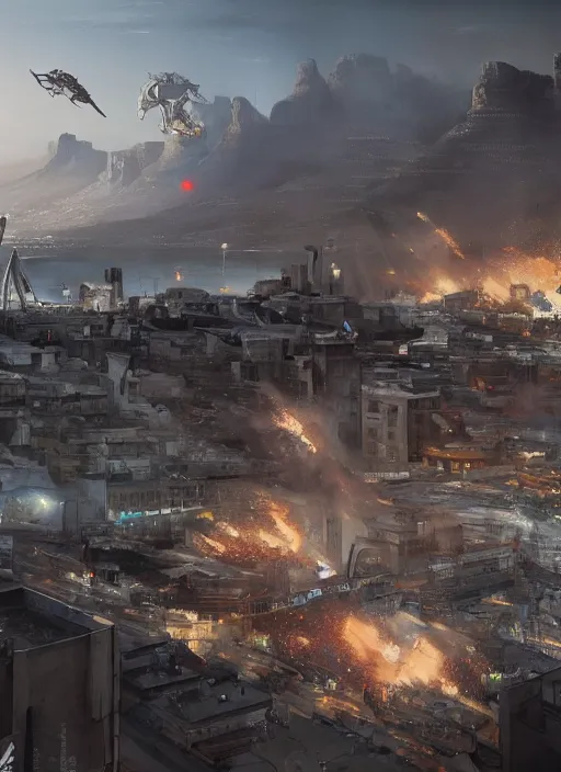 Image similar to hyper realistic squid robot attacking cape town city, table mountain explosions, atmospheric beautiful details, strong composition drawn in ink by kim jung giu weta studio rutkowski, james gurney and greg rutkowski, and lucasfilm