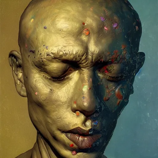 Image similar to a sculpture portrait made of bacteria and dust and molecules and atoms, painting part by wojciech siudmak, part by ilya repin, part by max ernst, part by norman rockwell, artstation