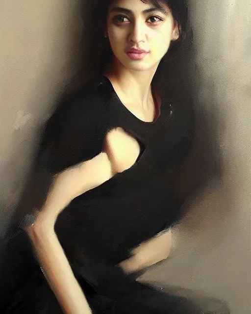 Image similar to beautiful portrait painting an gorgeous delhi girl wearing a little black dress, oil painting, art by ruan jia