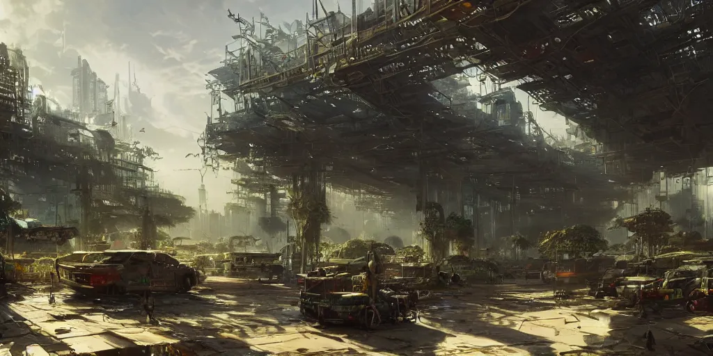 Prompt: screenshot of a verdant marketplace in a massive makeshift city, dappled light, colossal arcing metal structures high in the sky, beautiful, awe inspiring, fps, james gurney, greg rutkowski, sparth, cinematography, cinematic masterpiece