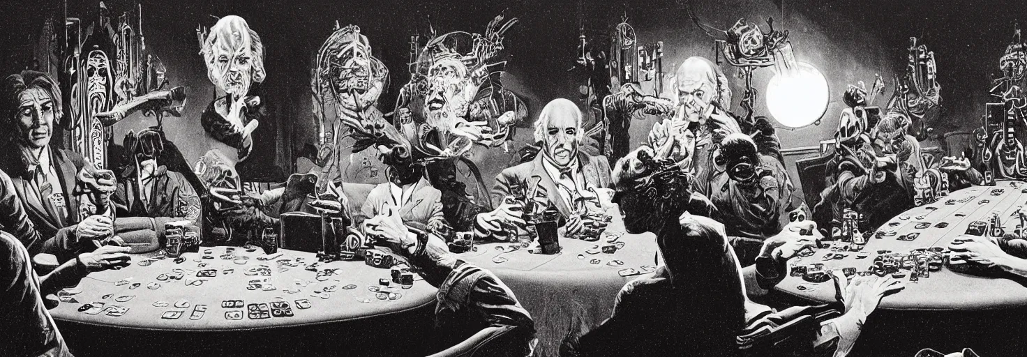 Image similar to portrait of larry david playing poker in the art style of virgil finlay, paul lehr, frank kelly freas, wayne barlowe, bob pepper, wally wood, moebius, h. r. giger, frank frazetta, richard m. powers. digital art, concept render.