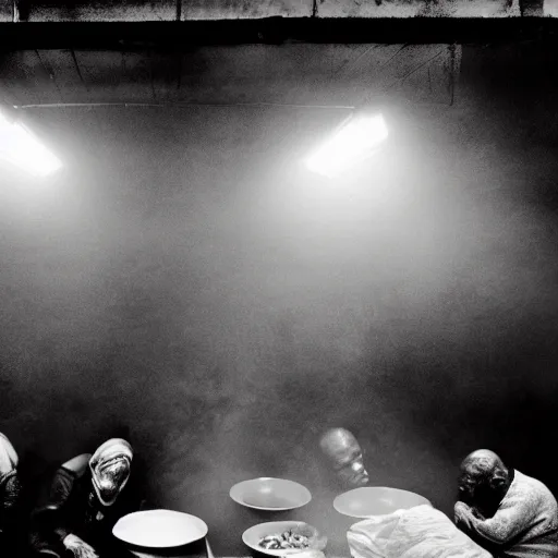 Prompt: Award Winning Editorial wide-angle picture of a Tramps in a new York Soup Kitchen by David Bailey and Lee Jeffries, The Last Supper