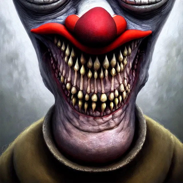 Image similar to gediminas pranckevicius | close up portrait of a evil clown with sharp teeth in the sinister valley of despair, one mouth, one nose, two eyes, oil painting by tomasz jedruszek, cinematic lighting, pen and ink, intricate line, hd, 4 k, million of likes, trending on artstation