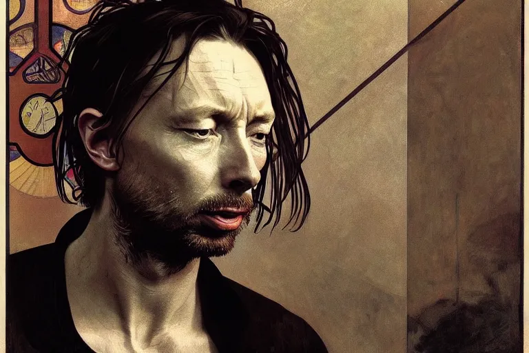 Image similar to hyper realistic portrait of thom yorke singer songwriter, side, flat face, liminal space, by lee bermejo, alphonse mucha and greg rutkowski