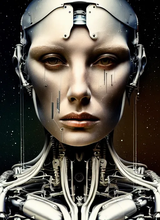 Image similar to a young beautiful female cyborg profile face, by h. r. giger, by ismail inceoglu, by kiki smith, glamor shot, vintage, closeup, f / 2. 8, low contrast, 1 6 k, rim lighting, cinematic lighting, insanely detailed and intricate, hypermaximalist, elegant, ornate, hyper realistic, super detailed