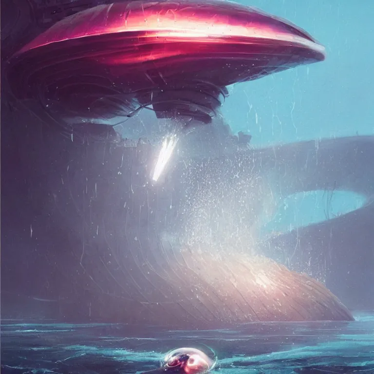 Prompt: mechanical nautilus robotic dripping wet emerging from a the ocean blast off, sci - fi concept art, by john harris, by simon stalenhag, stunning, award winning