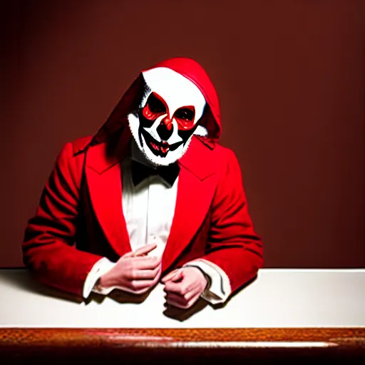 Image similar to a plotting man in a red jester suit sitting in a wooden chair near a table covered with cloth. the room is dimly lit.