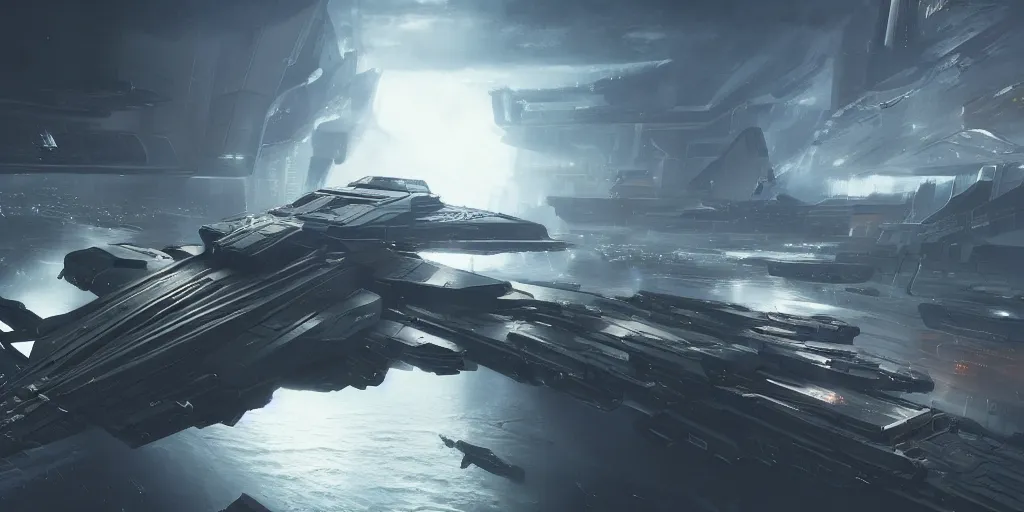 Image similar to cyberpunk cargo ship strongly resembling industrial spaceship design concept art in space, by david levy, eve online, elite dangerous, artstation, concept art, matte painting, highly detailed, rule of thirds, dynamic lighting, cinematic, detailed, magnificiant landscape, denoised