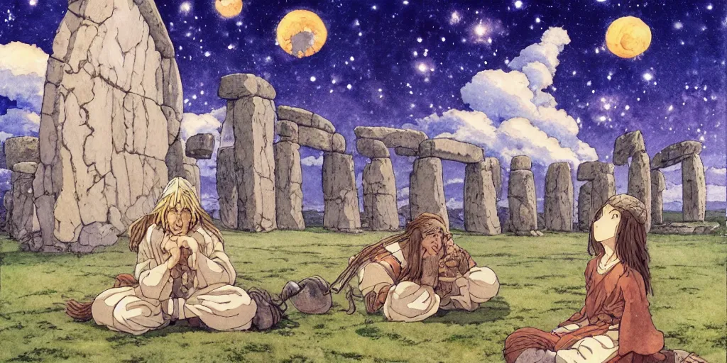 Image similar to a hyperrealist studio ghibli watercolor fantasy concept art of a giant long haired medieval monk with their heads down in lotus position in stonehenge with a starry sky in the background. a giant alien starship from independence day ( 1 9 9 6 ) is floating in the air. by rebecca guay, michael kaluta, charles vess