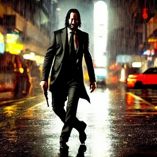 Image similar to keanu reeves as john wick, cyberpunk, walking the streets of night city in the rain, highly detailed, intricate, photorealistic, cinematic lighting