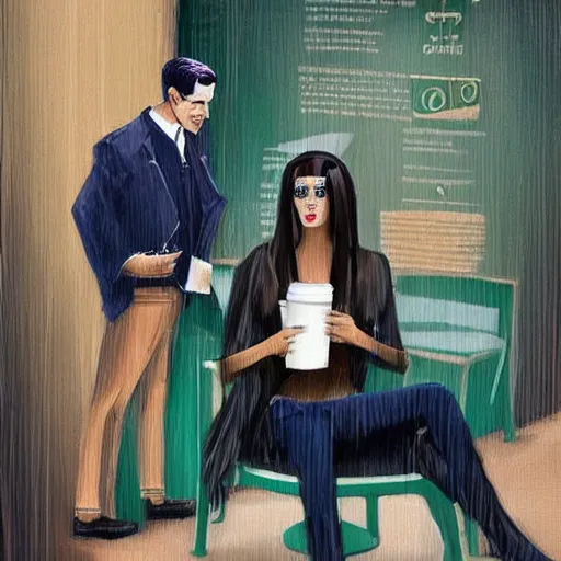 Prompt: modern day cleopatra sitting at starbucks using a phone. modern day julius caesar standing next to her with an umbrella at hand. hyper realistic.