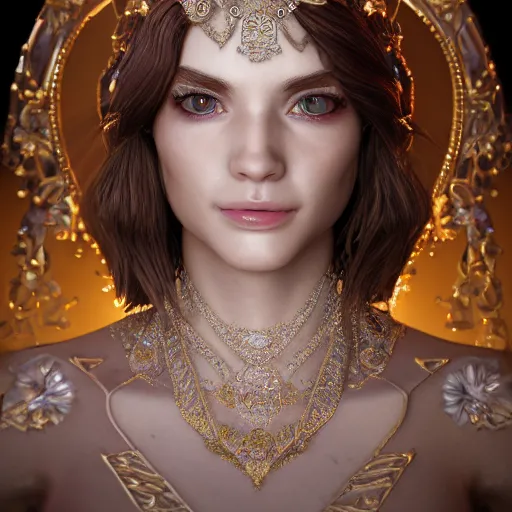 Image similar to portrait of wonderful princess of diamonds with fair skin, ornate, 8 k, gorgeous, intricate, detailed, glowing white accent lighting, dramatic lighting, octane render