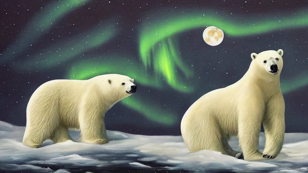 Image similar to an oil painting of a close - up polar bear traversing a snowy landscape at night, the northern lights and the moon are visible