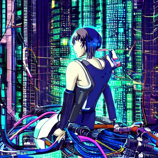 Prompt: a cyberpunk anime style illustration of an android girl seen from behind, seated on the floor in a tech labor with her back open showing a complex mess of cables and wires, by masamune shirow and katsushiro otomo, studio ghibli color scheme