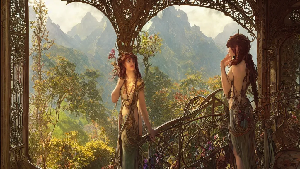 Prompt: a beautiful painting of a beautiful elven girl looking out from her balcony at art nouveau swiss chalet elven rivendell at sunrise, intricate, elegant, highly detailed, digital painting, artstation, concept art, by krenz cushart and artem demura and alphonse mucha