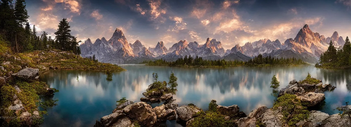 Image similar to photograph of mountains with a lake in front of them, trees on the side, rocks in foreground by marc adamus, highly detailed, intricate detail, cinematic lighting