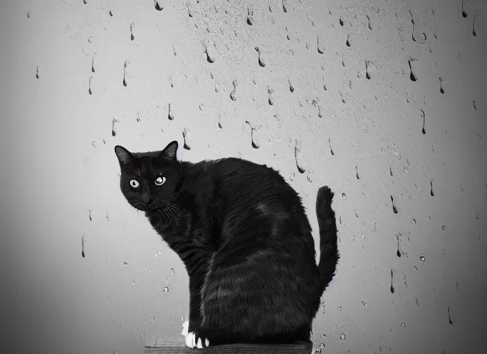 Prompt: photography of a Cat sitting on a box. in a room full of posters, photorealistic, raining award winning photo, 100mm, sharp, high res