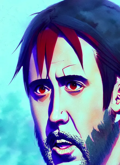 Image similar to portrait of nicolas cage from mandy, red sky background woodland landscape illustration concept art anime key visual trending pixiv fanbox by wlop and greg rutkowski and makoto shinkai and studio ghibli and kyoto animation