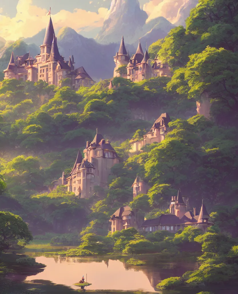 Image similar to beautiful a digital painting of chateau in a serene landscape, romantic, disney, by makoto shinkai, beeble, ohara koson, and james gilleard, beautiful matte painting, cg, retrowave, 4 k hd wallpaper, trending on artstation, highly detailed