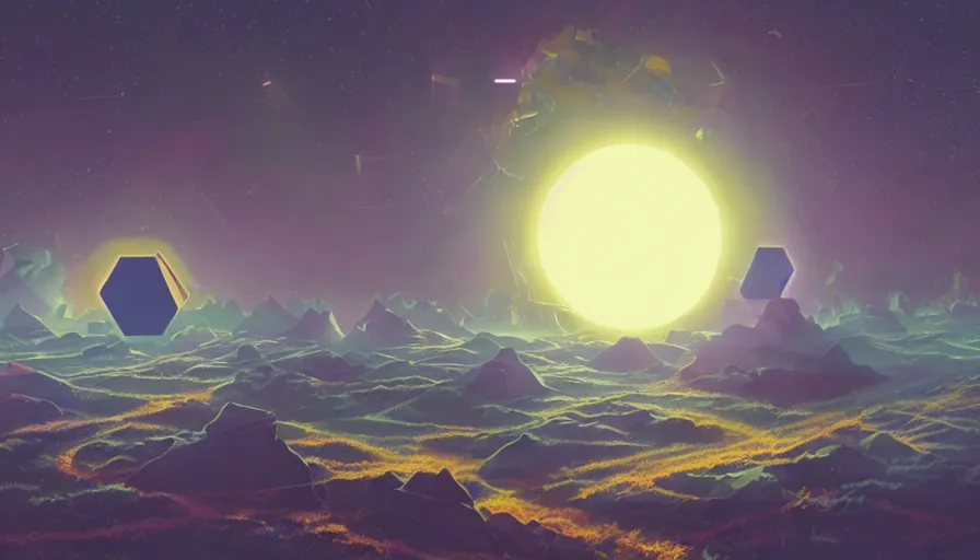 Image similar to hexagon blocking the sun in space, planet earth in foreground, simon stalenhag