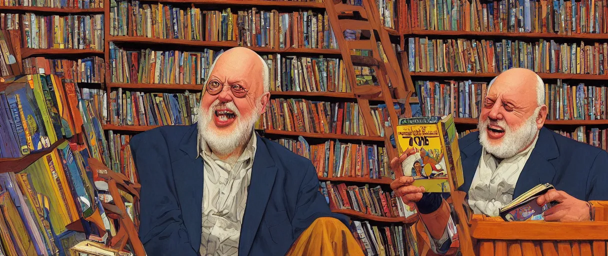 Prompt: an awesome jean giraud digital painting of robert anton wilson telling jokes at a local bookstore in the new age section