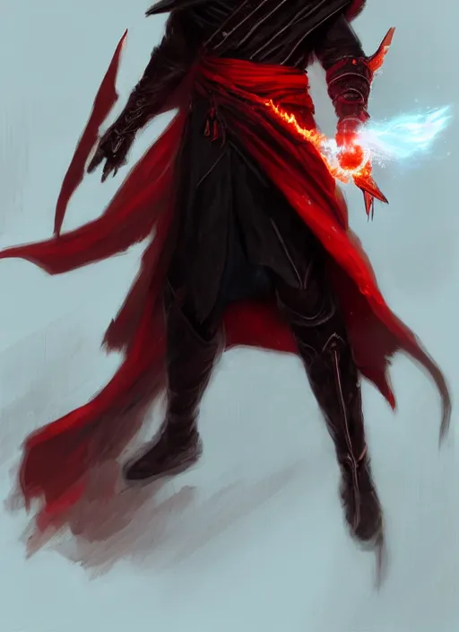 Image similar to Half-body of a hooded brunette elven fire mage in a black and red robe with fire around him. In style of Hyung-tae Kim and Greg Rutkowski, concept art, trending on ArtStation, Korean MMORPG, over-detailed art, 4K, epic, dynamic lightning, dramatic pose.