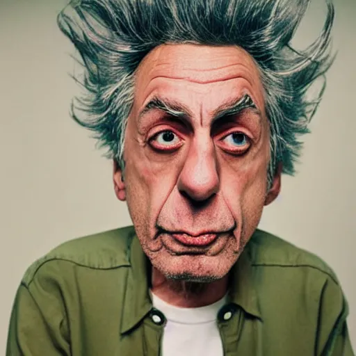 Prompt: Candid portrait photograph of Rick Sanchez from Rick & Morty, taken by Annie Leibovitz