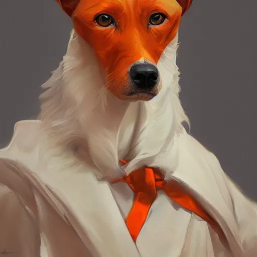 Image similar to oil painting portrait of white and orange anthropomorphized kooiker dog wearing royal clothes, highly detailed, digital painting, artstation, concept art, sharp focus, illustration, art by leyendecker and greg rutkowski and alphonse mucha