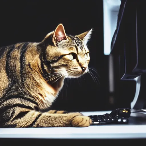 Prompt: cat working at a computer, photo, 8k