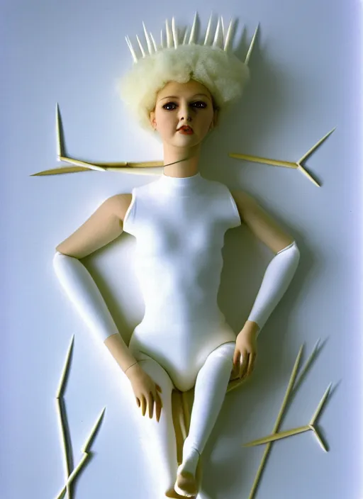 Prompt: realistic photo of a full - height head model made of white rubber clay realistic sculpture doll made of white clay, wearing white tights, covered in very very long brass spikes needles, center straight composition, 2 0 0 0, life magazine photo, museum archival photo