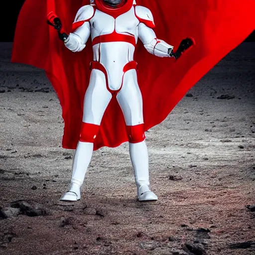 Prompt: portrait of a tall athletic muscular infantry man in glossy sleek white armor with tiny red details and a long red cape, heroic posture, on the surface of mars, night time, dramatic lighting, cinematic, sci-fi, hyperrealistic, godrays, diffused lighting, movie still