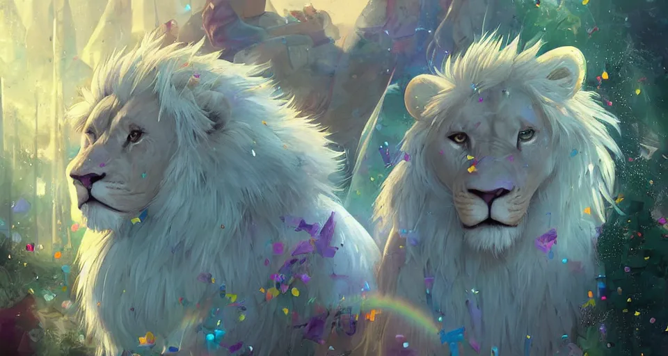 Prompt: aesthetic portrait commission of a albino male furry anthro lion surronded by rainbow confetti at a gay pride festival with his male lion anthro friends, bright and sunny atmosphere, Character design by charlie bowater, ross tran, artgerm, and makoto shinkai, detailed, inked, western comic book art, 2021 award winning painting