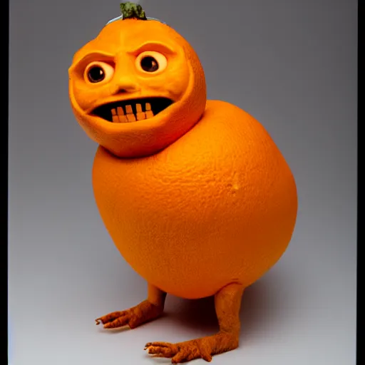 Image similar to a taxidermized annoying orange, in a museum, 8 5 mm lens, 7 0 mm entrance pupil diameter