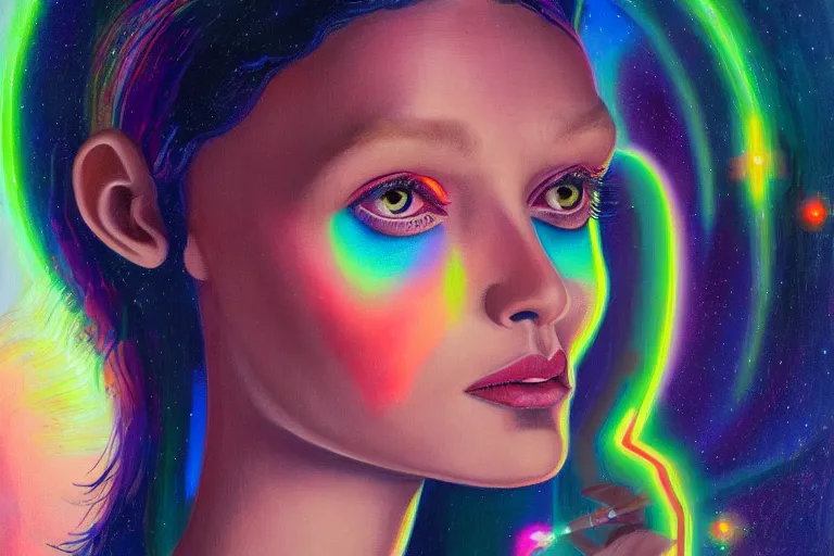 Image similar to patron saint of 🛸🌈👩🏾, futuristic clothing, neon god of city character portrait, in the style of margaret keane, moebius, tom bagshaw, and waterhouse, cinematic lighting, beautiful, elegant, oil painting,