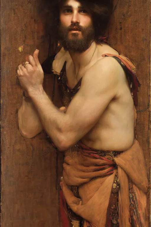 Prompt: attractive male, orientalist intricate portrait by john william waterhouse and edwin longsden long and theodore ralli and nasreddine dinet, hyper realism, dramatic lighting