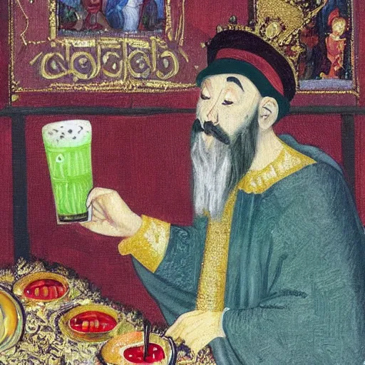 Prompt: a medieval king drinking bubble tea with black tapioca pearls, impressionist painting