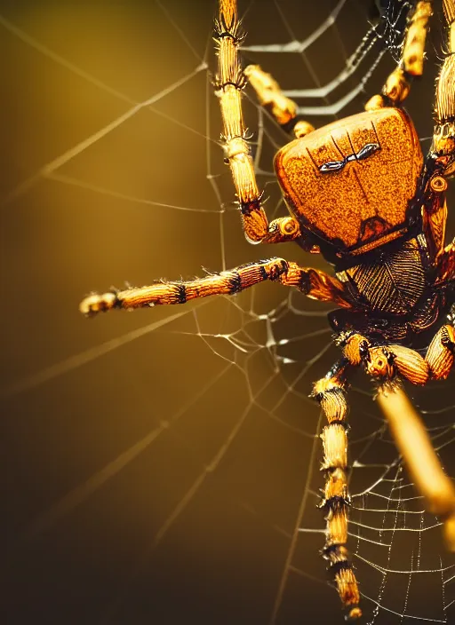 Image similar to macro photo of an intricate biomechanical spider, on the background of a weird magical mechanical forest. Round gears visible inside her hear. Very detailed 8k. Fantasy cyberpunk horror. Sharp. Cinematic post-processing