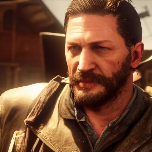 Prompt: Film still of Tom Hardy, from Red Dead Redemption 2 (2018 video game)