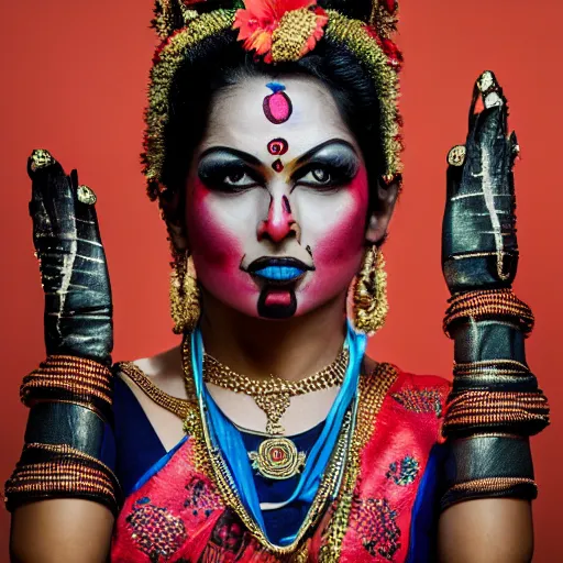 Prompt: Professional studio long shot photography of an Indian woman cosplaying as the goddess Kali in 10 armed ekamukhi form. Kali has 10 arms. She wears gloves.