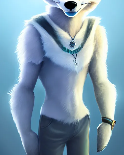 Image similar to portrait of cute male anthropomorphic white wolf in the style of zootopia in cyberpunk city, volumetric light, artstation, concept art, 8 k, high detail, perfect